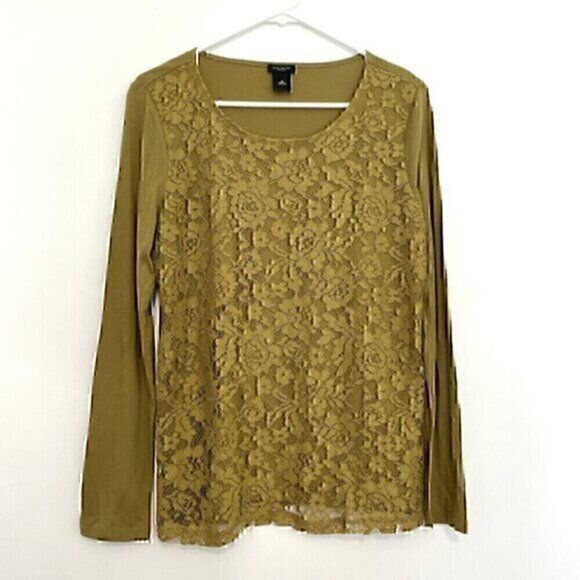 ANN TAYLOR Factory Split Pea Green Floral Lace Overlay Front Long Sleeve Tee Top - Picture 1 of 10